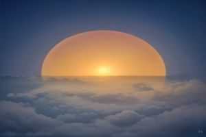 夏色四叶草学校天台上的放学后场景，夕阳把天空染成焦糖色，角色逆光而立