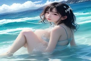 夏色四叶草海边小镇清晨场景，阳光洒在木质栈桥，远处有角色剪影